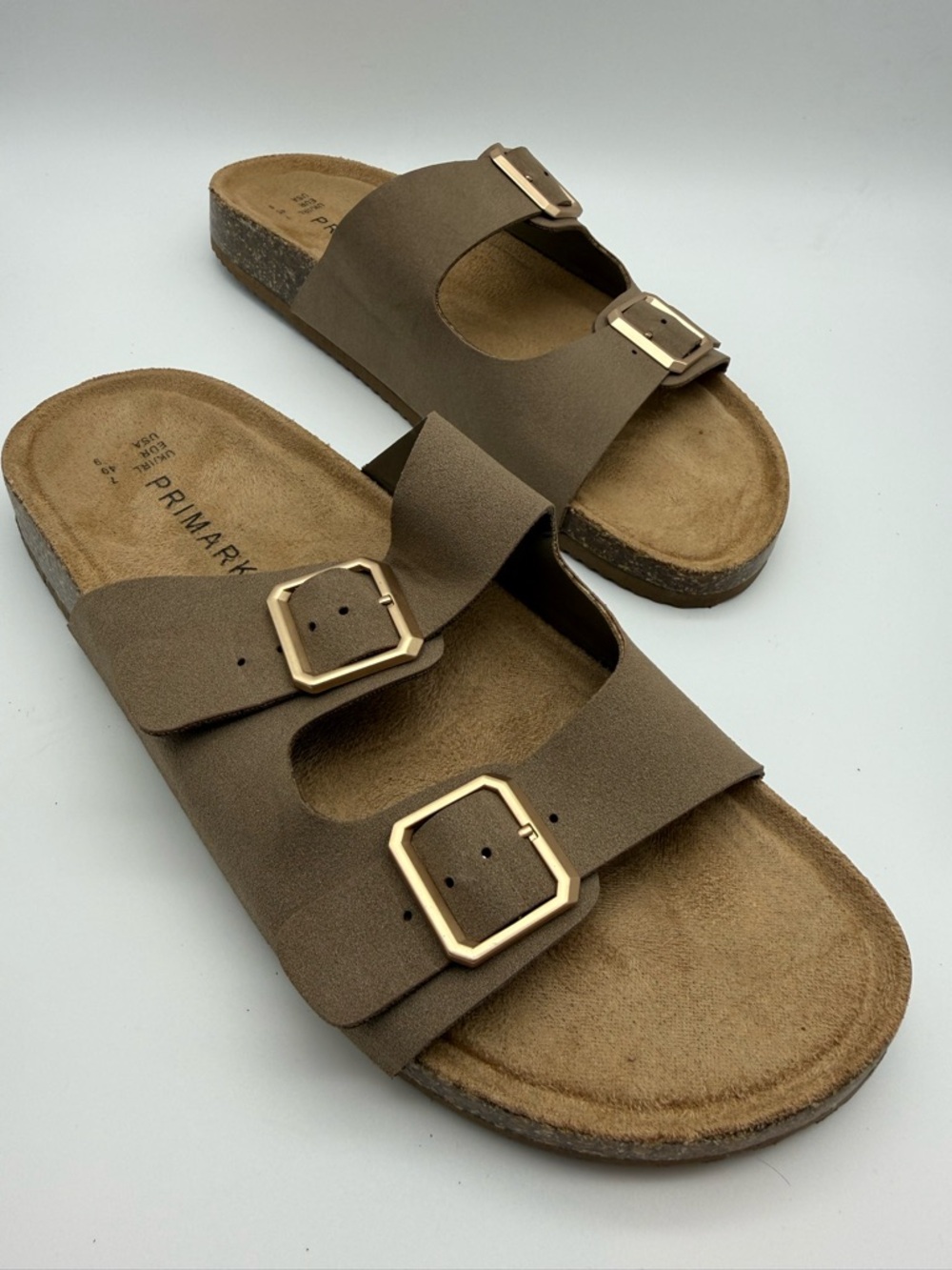 Primark Brown Double-Buckle Slide Sandals with Gold Buckles